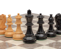 Atlantic Black and Ash Burl Chess Set with high-quality boxwood chess pieces on a grey ash burl and maple board.