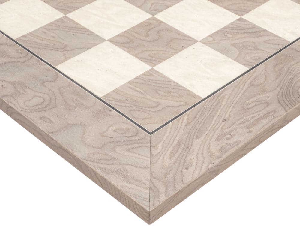 Atlantic chess set board featuring a stunning combination of grey ash burl and maple with polished finish and 2.17 inch playing squares.