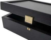 Dark wood chess piece storage case with brass hinges by Manopoulos of Greece.