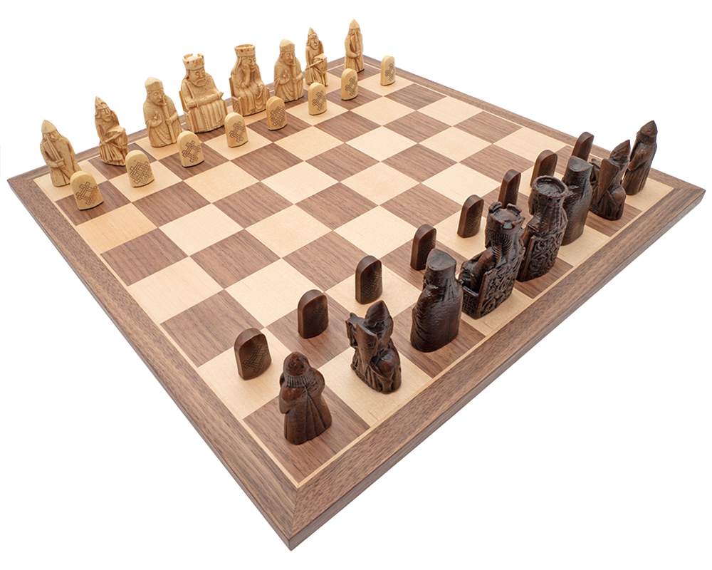 Isle of Lewis Chessmen and Board Presentation Set featuring finely detailed pieces crafted by Italian artisans on a wooden chessboard